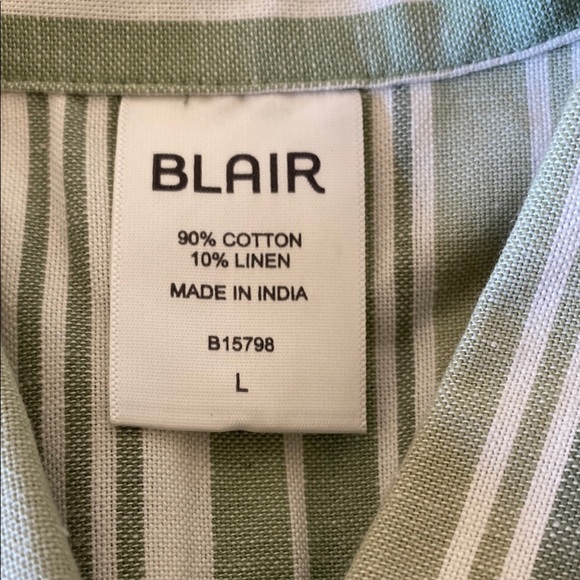 BLAIR cotton linen roll tab long sleeve button up chest pocket stripe NEW size L - Picture 2 of 11